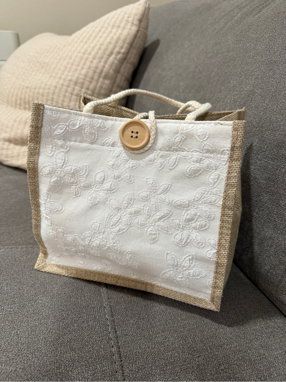 White Embroidered Jute Tote Bag with Button Closure